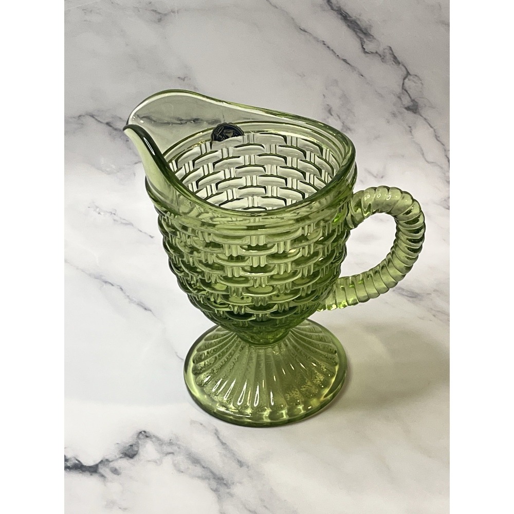 Vintage Imperial Glass Avocado Green Basket Weave Tall Footed Creamer Cup Read